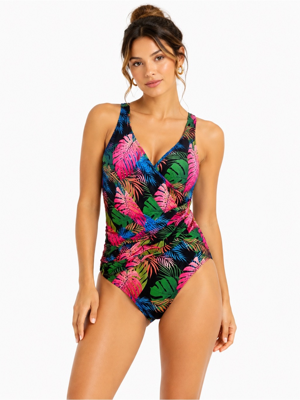 NWT Simon Chang Solutions Tropical Leaf One Piece Swimsuit Size 12 Black Multico
